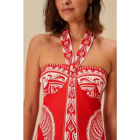 Farm Rio Red Majestic Coconut Tree Euroflax Premium Linen Mini Dress - Picture 6 of 11